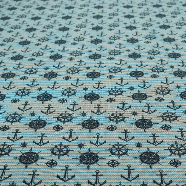 Nautical-themed repeating pattern featuring dark blue anchors, ship wheels, compass roses, and stars over a light blue and dark blue striped background.