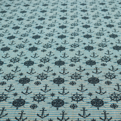 Nautical-themed repeating pattern featuring dark blue anchors, ship wheels, compass roses, and stars over a light blue and dark blue striped background.