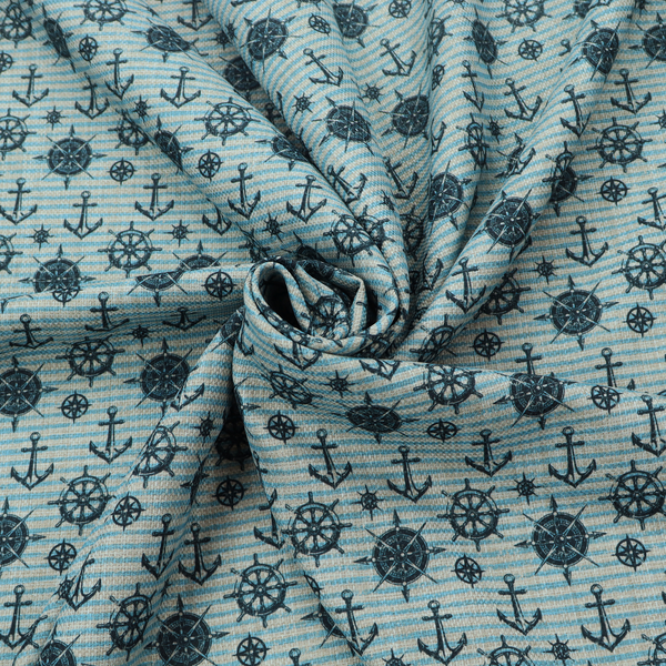 Nautical-themed repeating pattern featuring dark blue anchors, ship wheels, compass roses, and stars over a light blue and dark blue striped background.