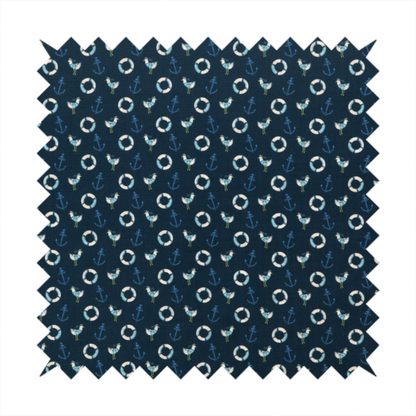 Nautical-themed repeating pattern featuring seagulls, anchors, and life rings set against a dark blue background.