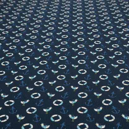 Nautical-themed repeating pattern featuring seagulls, anchors, and life rings set against a dark blue background.