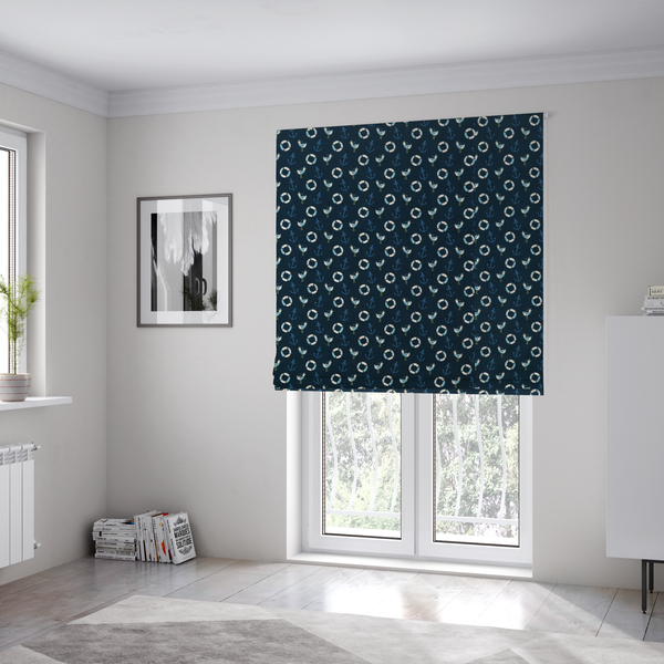 The fabric used to create these Roman blinds is a nautical-themed repeating pattern featuring seagulls, anchors, and life rings set against a dark blue background.