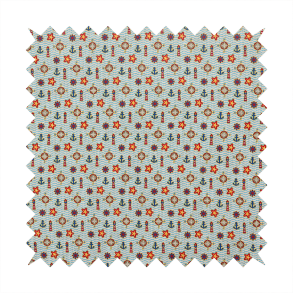 Nautical-themed repeating pattern featuring lighthouses, anchors, compass stars, and starfish over a wavy-lined background.