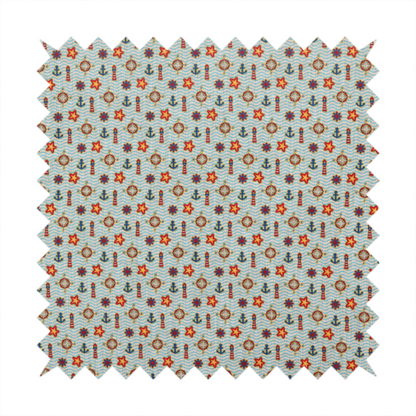Nautical-themed repeating pattern featuring lighthouses, anchors, compass stars, and starfish over a wavy-lined background.
