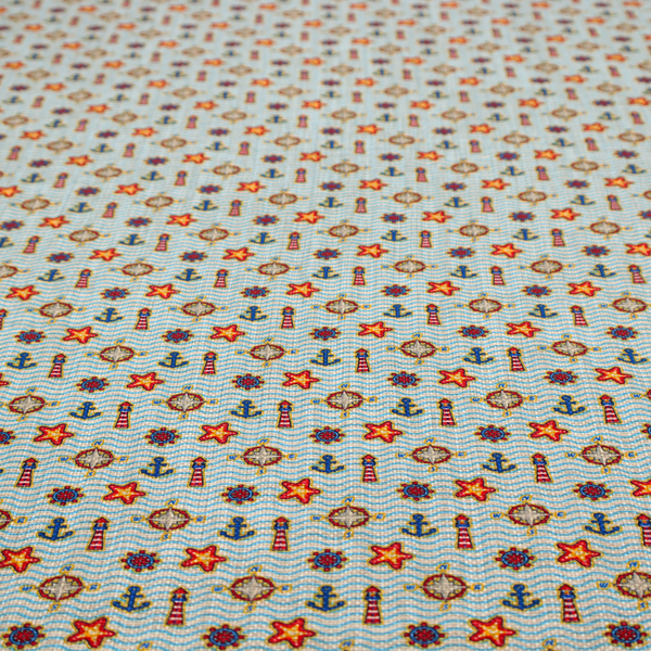 Nautical-themed repeating pattern featuring lighthouses, anchors, compass stars, and starfish over a wavy-lined background.