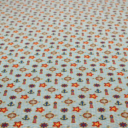 Nautical-themed repeating pattern featuring lighthouses, anchors, compass stars, and starfish over a wavy-lined background.