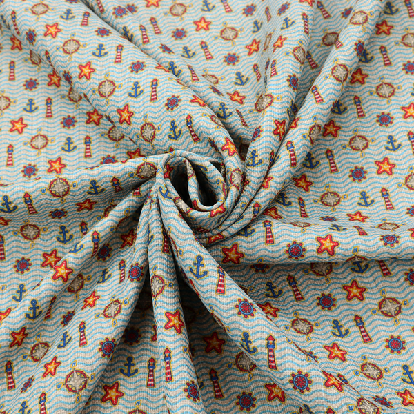 Nautical-themed repeating pattern featuring lighthouses, anchors, compass stars, and starfish over a wavy-lined background.