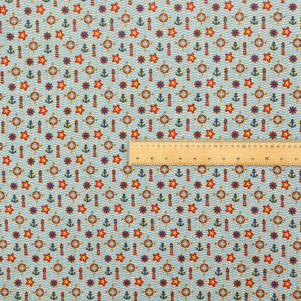 Nautical-themed repeating pattern featuring lighthouses, anchors, compass stars, and starfish over a wavy-lined background.