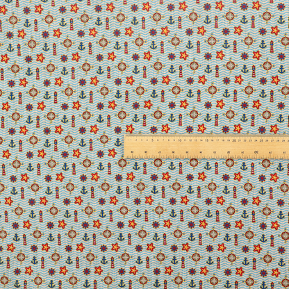 Nautical-themed repeating pattern featuring lighthouses, anchors, compass stars, and starfish over a wavy-lined background.