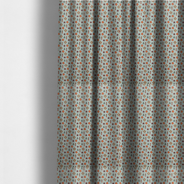 The fabric used to create these made-to-measure curtains is a nautical-themed repeating pattern featuring lighthouses, anchors, compass stars, and starfish over a wavy-lined background.