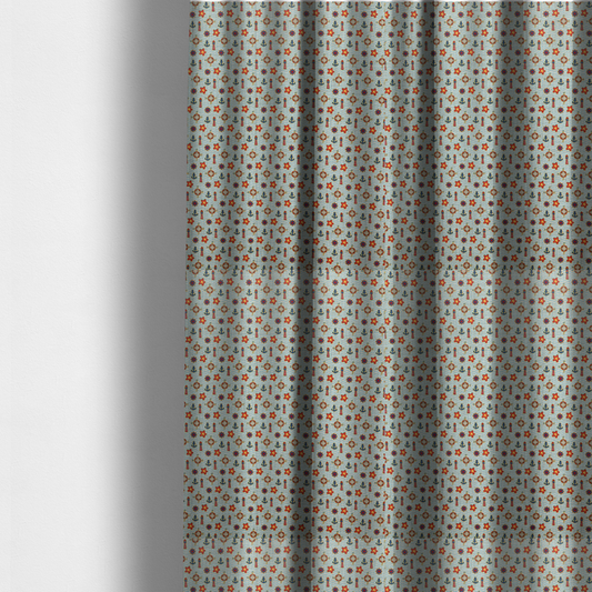 The fabric used to create these made-to-measure curtains is a nautical-themed repeating pattern featuring lighthouses, anchors, compass stars, and starfish over a wavy-lined background.