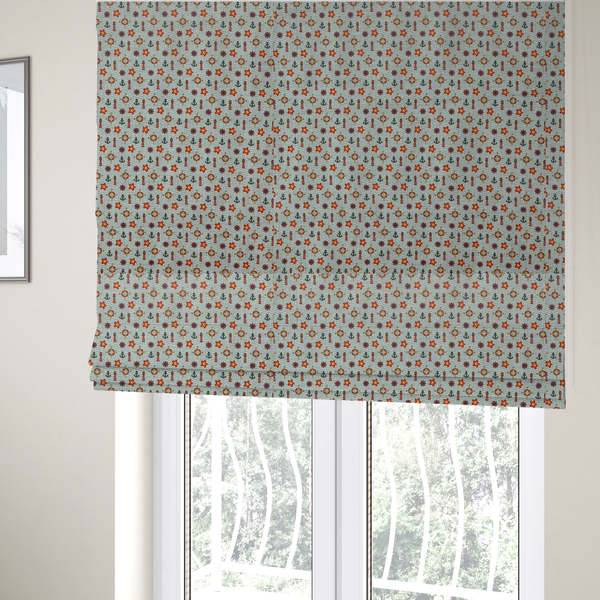 The fabric used to create these Roman blinds is a nautical-themed repeating pattern featuring lighthouses, anchors, compass stars, and starfish over a wavy-lined background.