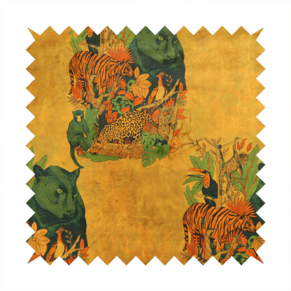 Mustard yellow fabric featuring a repeating jungle panel design with green panthers, tigers, leopards, monkeys, toucans, and lush tropical foliage.