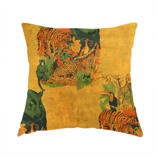 The fabric used to create this handmade cushion is a mustard yellow fabric featuring a repeating jungle panel design with green panthers, tigers, leopards, monkeys, toucans, and lush tropical foliage.