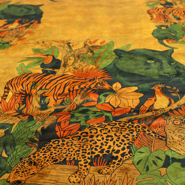Mustard yellow fabric featuring a repeating jungle panel design with green panthers, tigers, leopards, monkeys, toucans, and lush tropical foliage.