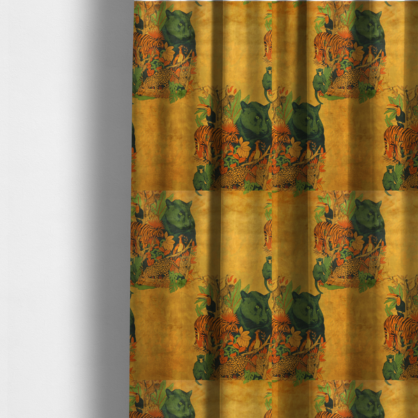 The fabric used to create these made-to-measure curtains is a mustard yellow fabric featuring a repeating jungle panel design with green panthers, tigers, leopards, monkeys, toucans, and lush tropical foliage.
