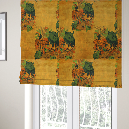 The fabric used to create these Roman blinds is a mustard yellow fabric featuring a repeating jungle panel design with green panthers, tigers, leopards, monkeys, toucans, and lush tropical foliage.