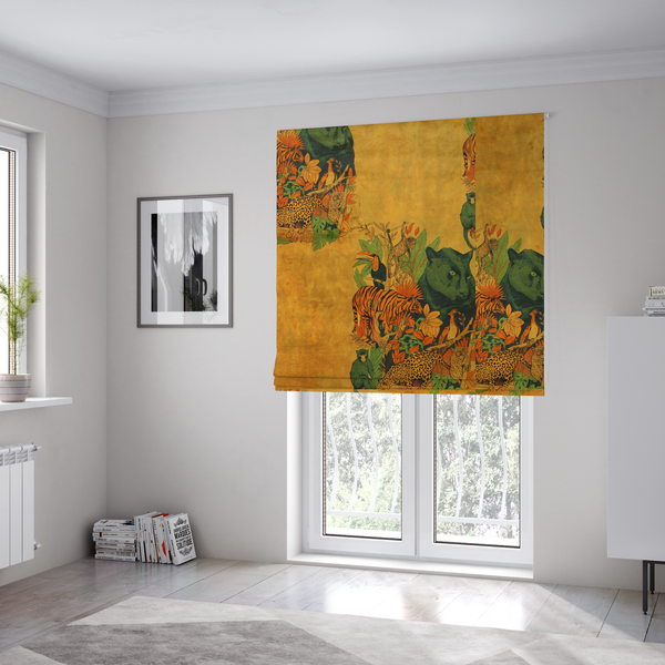 The fabric used to create these Roman blinds is a mustard yellow fabric featuring a repeating jungle panel design with green panthers, tigers, leopards, monkeys, toucans, and lush tropical foliage.