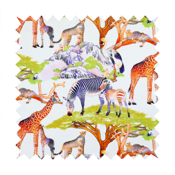 Fabric pattern featuring a vibrant African savanna landscape with giraffes, zebras, cheetahs, and birds among acacia trees and rocky terrain.