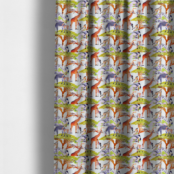 The fabric used to create these made-to-measure curtains is featuring a vibrant African savanna landscape with giraffes, zebras, cheetahs, and birds among acacia trees and rocky terrain.
