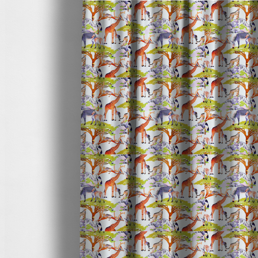 The fabric used to create these made-to-measure curtains is featuring a vibrant African savanna landscape with giraffes, zebras, cheetahs, and birds among acacia trees and rocky terrain.