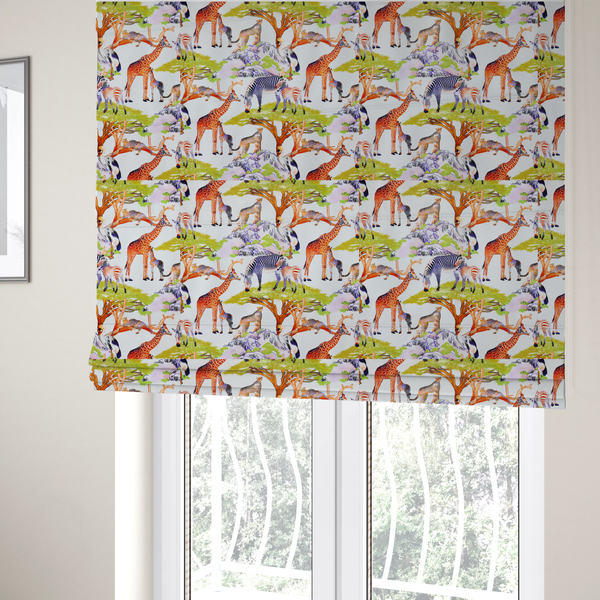 The fabric used to create these Roman blinds is featuring a vibrant African savanna landscape with giraffes, zebras, cheetahs, and birds among acacia trees and rocky terrain.