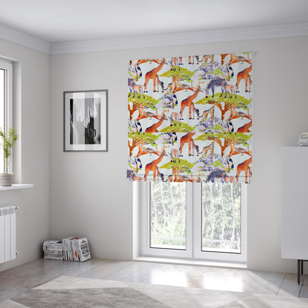 The fabric used to create these Roman blinds is featuring a vibrant African savanna landscape with giraffes, zebras, cheetahs, and birds among acacia trees and rocky terrain.