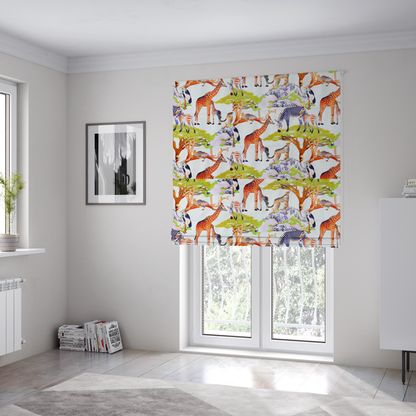 The fabric used to create these Roman blinds is featuring a vibrant African savanna landscape with giraffes, zebras, cheetahs, and birds among acacia trees and rocky terrain.