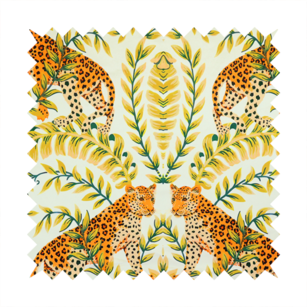 Fabric pattern featuring a symmetrical design of spotted leopards surrounded by golden and green tropical foliage and palm leaves.