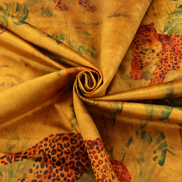 Fabric pattern featuring a warm orange and gold background with jungle wildlife, including leopards, tropical birds, large green leaves, and rocky terrain.