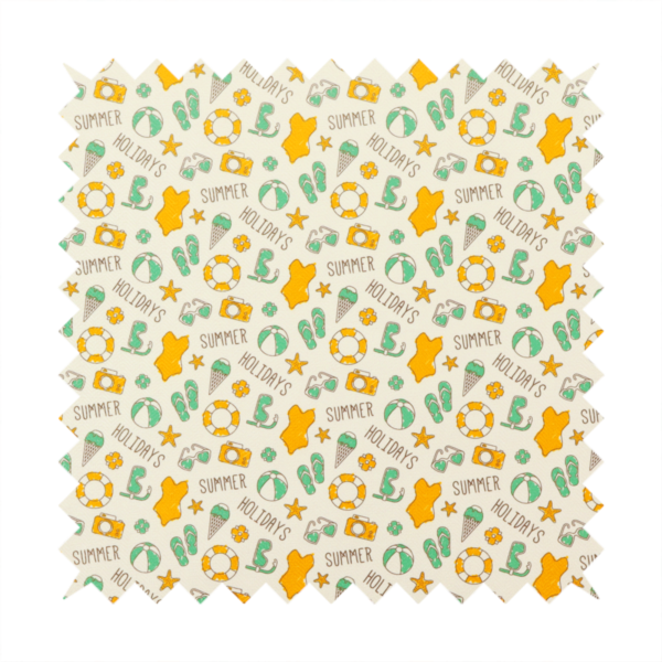 A cream-coloured fabric featuring a repeating summer-themed doodle pattern.