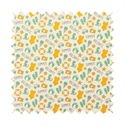 A cream-coloured fabric featuring a repeating summer-themed doodle pattern.