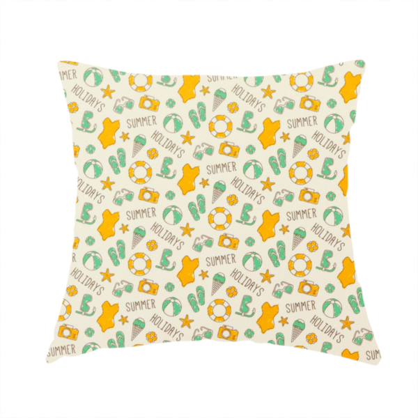 The fabric used to create this handmade cushion is a cream-coloured fabric featuring a repeating summer-themed doodle pattern.
