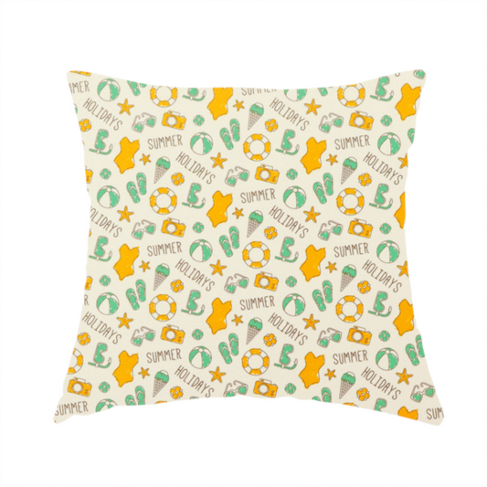 The fabric used to create this handmade cushion is a cream-coloured fabric featuring a repeating summer-themed doodle pattern.