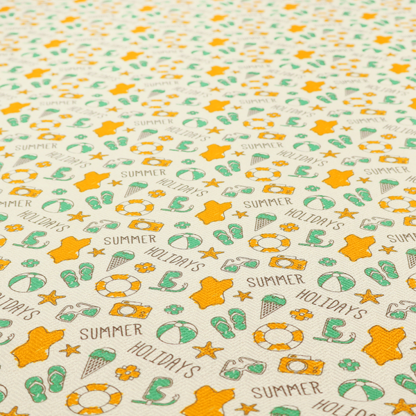 A cream-coloured fabric featuring a repeating summer-themed doodle pattern.