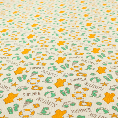 A cream-coloured fabric featuring a repeating summer-themed doodle pattern.