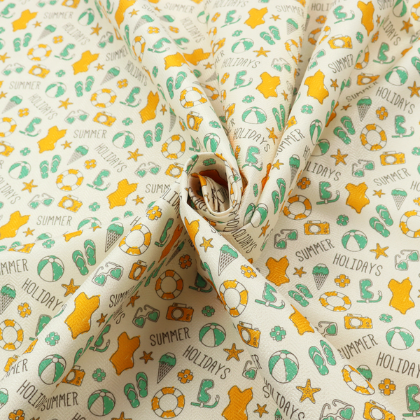 A cream-coloured fabric featuring a repeating summer-themed doodle pattern.