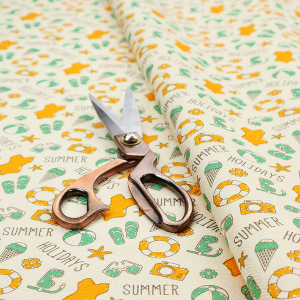 A cream-coloured fabric featuring a repeating summer-themed doodle pattern.