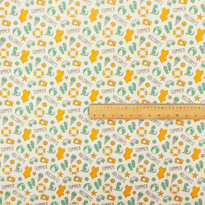 A cream-coloured fabric featuring a repeating summer-themed doodle pattern.