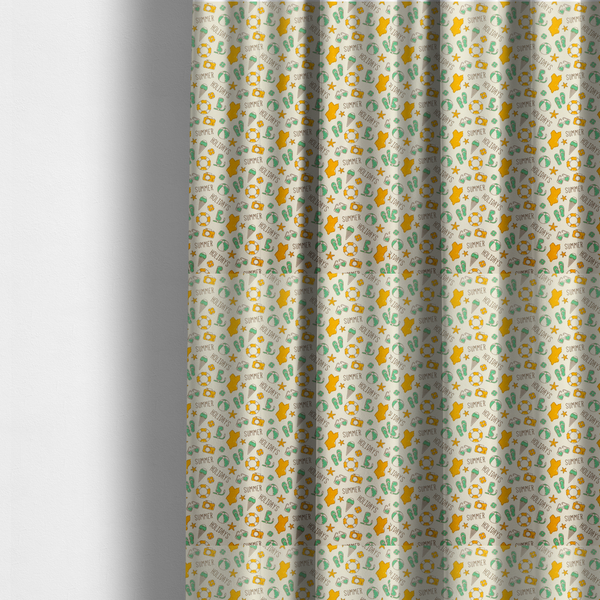 The fabric used to create these made-to-measure curtains is a cream-coloured fabric featuring a repeating summer-themed doodle pattern.
