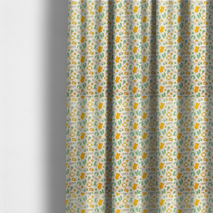 The fabric used to create these made-to-measure curtains is a cream-coloured fabric featuring a repeating summer-themed doodle pattern.