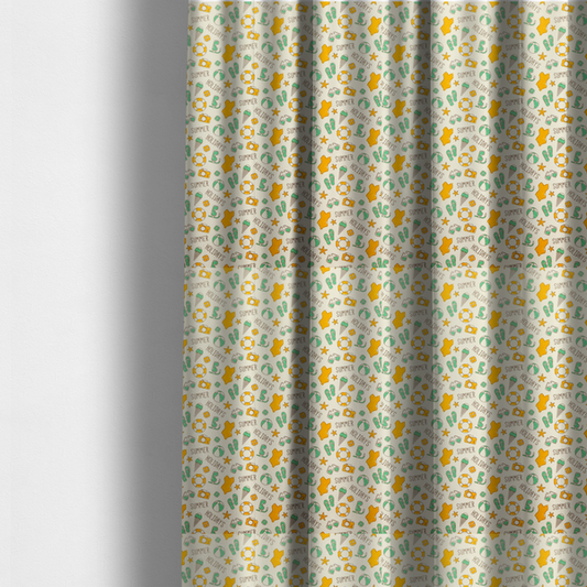 The fabric used to create these made-to-measure curtains is a cream-coloured fabric featuring a repeating summer-themed doodle pattern.