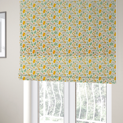 The fabric used to create these Roman blinds is a cream-coloured fabric featuring a repeating summer-themed doodle pattern.