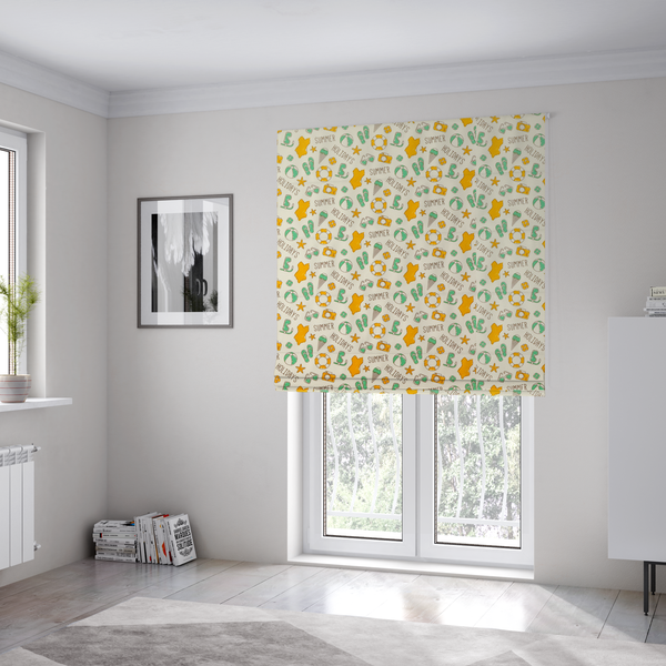 The fabric used to create these Roman blinds is a cream-coloured fabric featuring a repeating summer-themed doodle pattern.