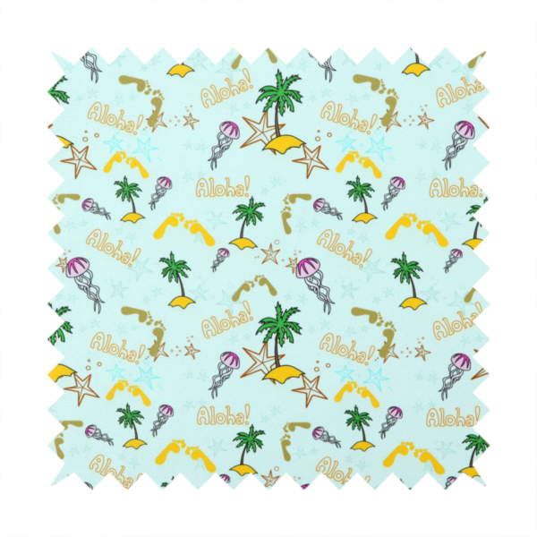 Tropical-themed pattern fabric with palm trees, jellyfish, and 'Aloha!' text on a light blue background.