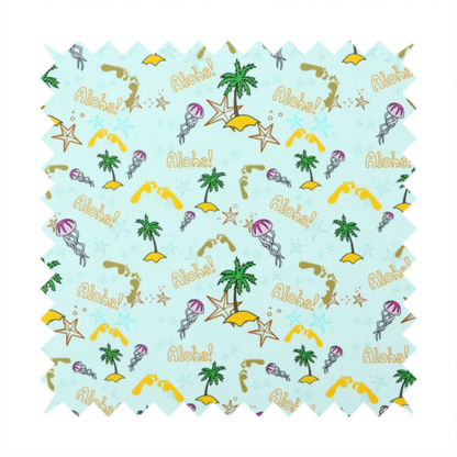 Tropical-themed pattern fabric with palm trees, jellyfish, and 'Aloha!' text on a light blue background.