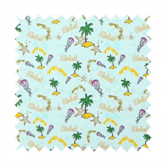 Tropical-themed pattern fabric with palm trees, jellyfish, and 'Aloha!' text on a light blue background.
