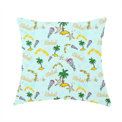 The fabric used to create this handmade cushion is a tropical-themed pattern fabric with palm trees, jellyfish, and 'Aloha!' text on a light blue background.