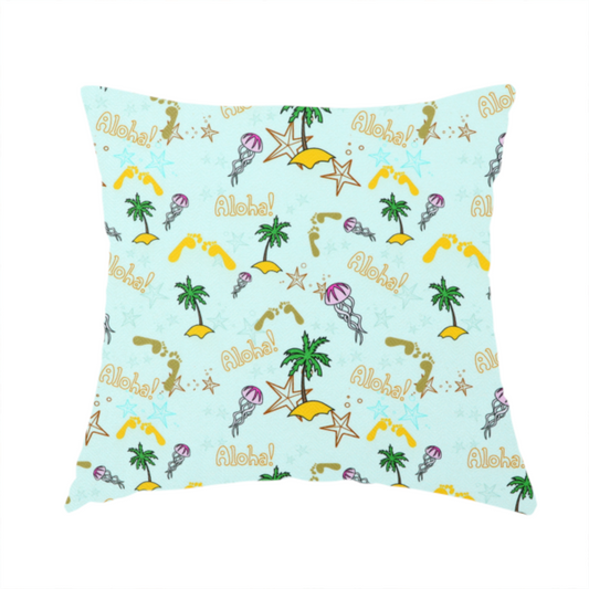 The fabric used to create this handmade cushion is a tropical-themed pattern fabric with palm trees, jellyfish, and 'Aloha!' text on a light blue background.