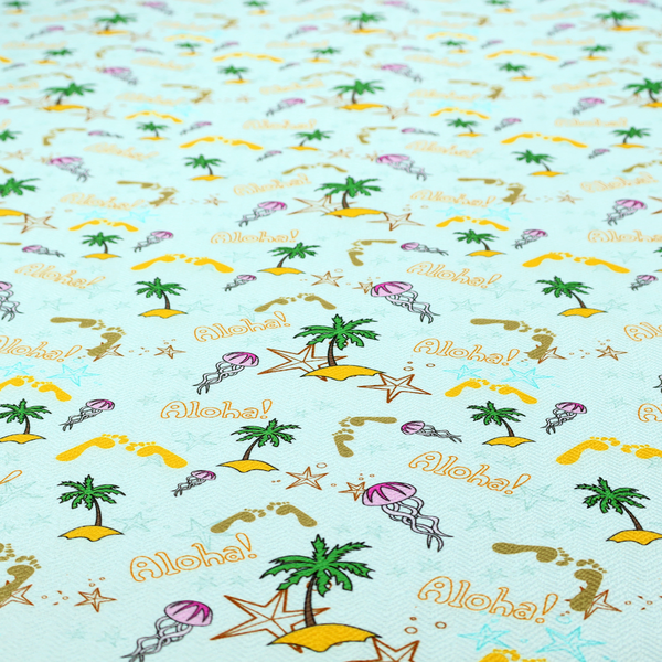 Tropical-themed pattern fabric with palm trees, jellyfish, and 'Aloha!' text on a light blue background.